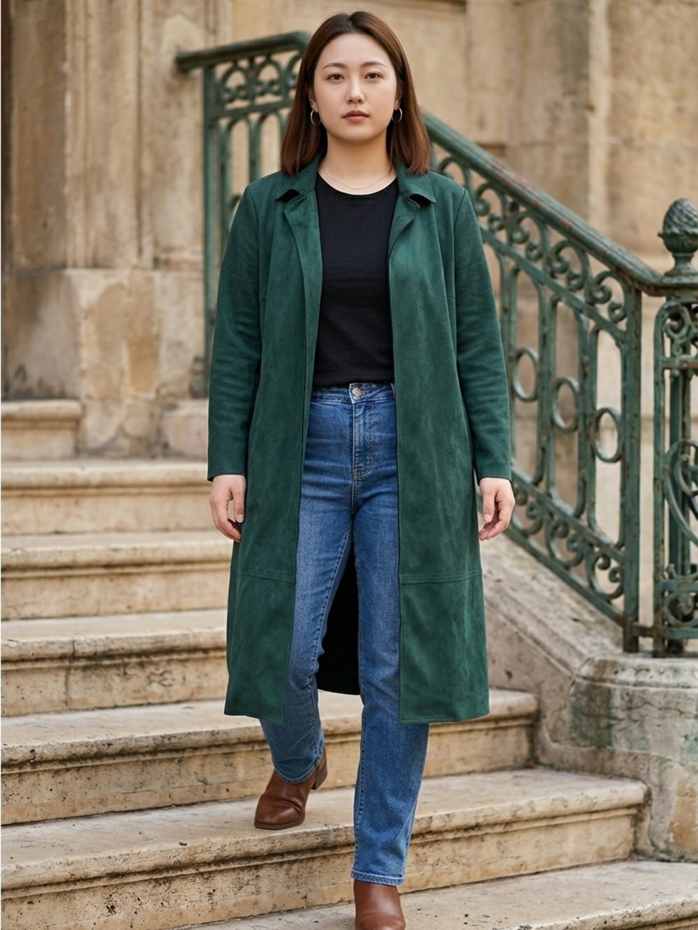 Philosophy Green Faux Suede Leather Classic Officewear Open Front Trench Coat-L